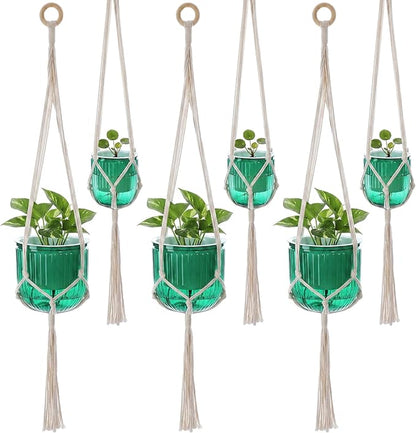 6 Pack Self Watering Hanging Planters Indoor Flower Pots(4.5"+6.5") Visible Water Level Markers 3 Hanging Ropes with Drainage Holes for Indoor Outdoor Garden Home Decor Supplies(Emerald)