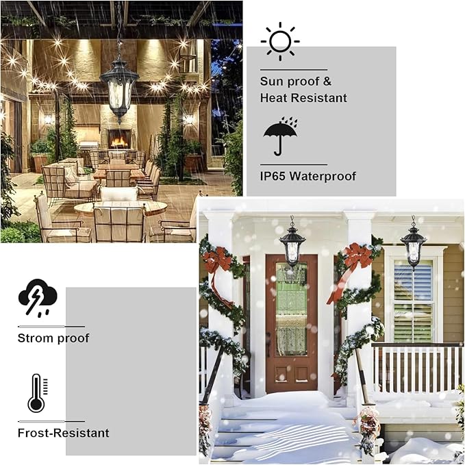 Outdoor Pendant Light for Porch, Exterior Hanging Lantern Outdoor Chandelier in Black Finish for Entryway, Doorway, Farmhouse, Foyer