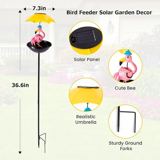 Solar Bird Feeder Garden Decor, Outdoor Solar Lights with Umbrella, Hummingbird Feeder Decorative Path Lights Yard Art Ornament Bird Feeder (Flamingo)