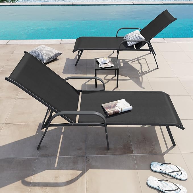 Crestlive Products Lounge Chair Outdoor with Armrests, Pool Lounge Chairs Set of 2, Aluminum Adjustable 5 Positions Tanning Chairs for Outside, Patio, Poolside, Yard, Deck, Backyard (Black)