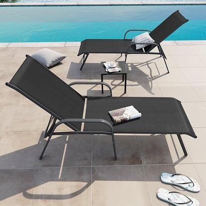 Crestlive Products Lounge Chair Outdoor with Armrests, Pool Lounge Chairs Set of 2, Aluminum Adjustable 5 Positions Tanning Chairs for Outside, Patio, Poolside, Yard, Deck, Backyard (Black)