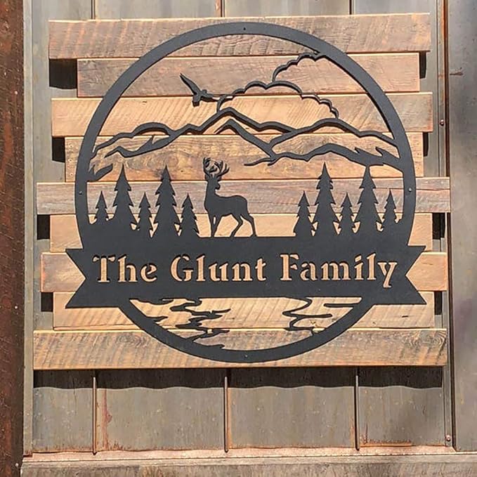 RealSteel Personalized Metal Wall Art - Circular Nature Scene with Mountains, Lake, Deer & Bird - Custom Name on Banner - Outdoor Landscape Decor for Home & Gifts - Black, 30"