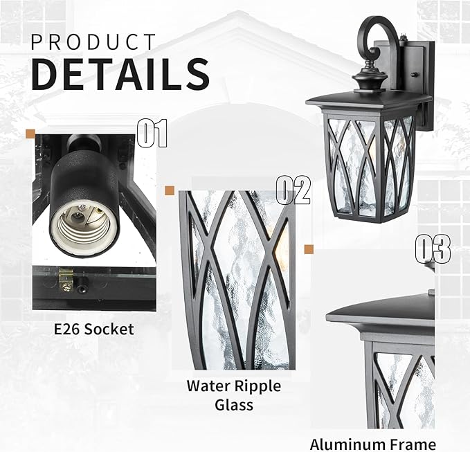 JYZ Dusk to Dawn Outdoor Wall Lantern, Craftsman Style Large Exterior Sconce Light with Water Ripple Glass, Traditional Porch Light Fixture Wall Mount Lamp for Front Porch Doorway Garage Patio Garden