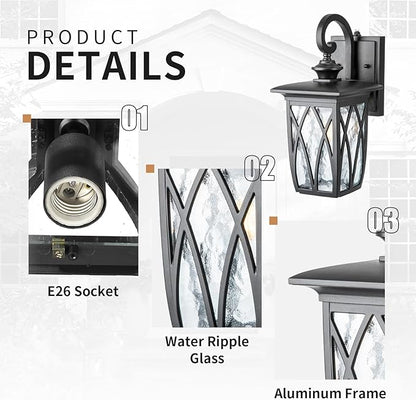 JYZ Dusk to Dawn Outdoor Wall Lantern, Craftsman Style Large Exterior Sconce Light with Water Ripple Glass, Traditional Porch Light Fixture Wall Mount Lamp for Front Porch Doorway Garage Patio Garden