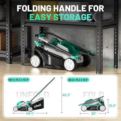Litheli 20V 13" Cordless Lawn Mower, Electric Lawn Mowers for Garden, Yard and Farm, 5 Heights, with Brushless Motor, 4.0Ah Battery & Charger Included