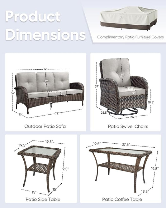 5 Pieces Wicker Patio Furniture Set-Outdoor Swivel Rocker Patio Chairs Patio Sofa Set with Tempered Glass Top Outdoor Coffee Table for Deck Lawn Porch Balcony Poolside-Brown/Beige