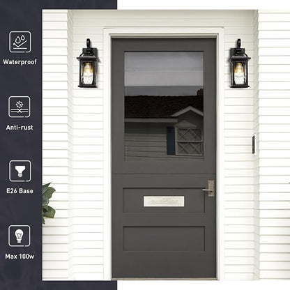 zeyu 2 Pack Outdoor Wall Lamps, 15-inch Black Exterior Light Fixtures for Patio House, Die-Cast Aluminum with Water Ripple Glass, Black Finish, ZD100B-2PK BK-WP