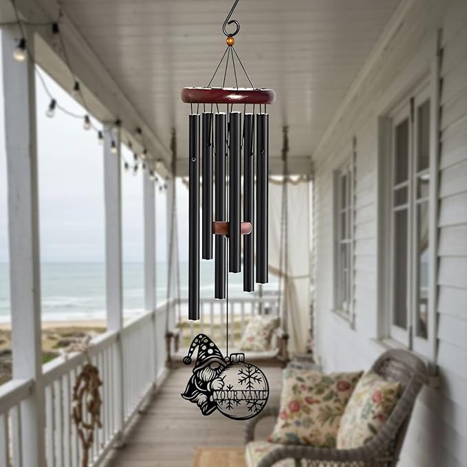 Personalized Customize Name Gnome Wind Chime, Metal Iron 37 Inch Outdoor Memorial Gift for Garden Yard Patio Home Decor, Black，Christmas (Style G)