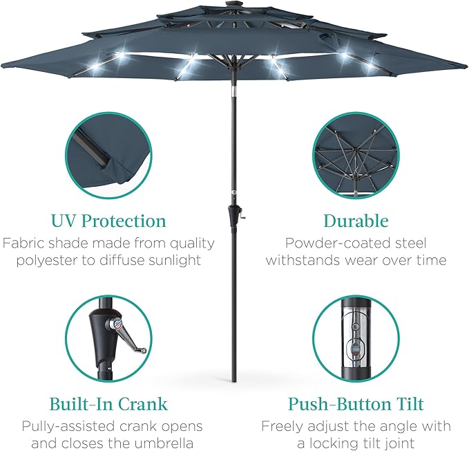 Best Choice Products 10ft 3-Tier Solar Patio Umbrella, Outdoor Market Sun Shade for Backyard, Deck, Poolside w/ 24 LED Lights, Tilt Adjustment, Easy Crank, 8 Ribs - Slate Blue