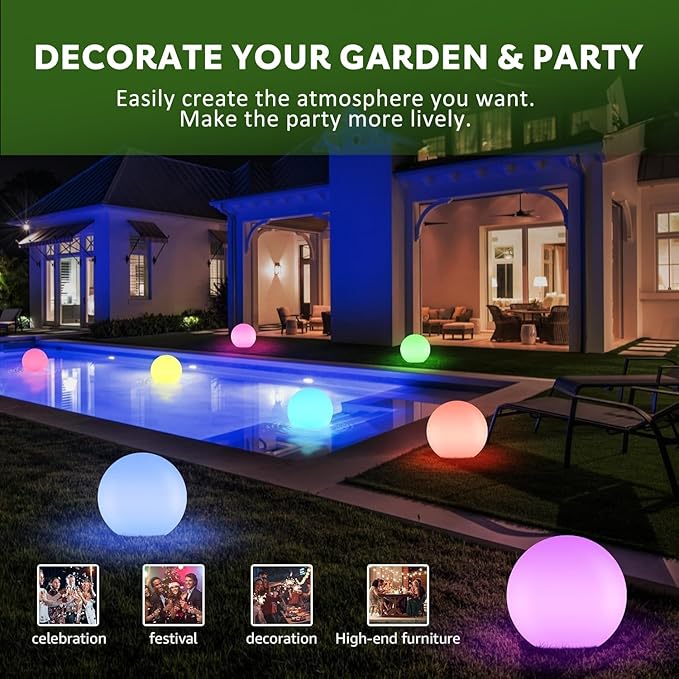 UIRWAY LED Ball Light, 12-Inch Rechargeable RGB Pool Globe, Remote-Controlled Floating Light with 16 Colors & Mood Settings for Pool, Party, Pond