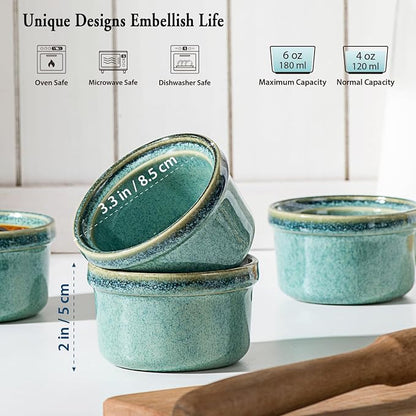 Ramekins 4 oz Oven Safe, Creme Brulee Ramekins, Pudding Custard Cups, Souffle Dishes, Small Ceramic Dipping Sauce Bowls Set of 4 - Moss Green