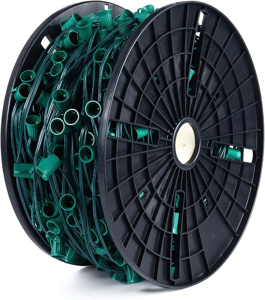 Brightown Commercial 500 FT C9/E17 Christmas Light Sockets Set Spool, UL Listed C9 Sockets Patio String Lights C9 Strands - 12" Spacing Green Wire