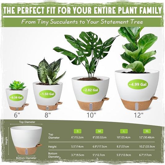 Self-Watering Pots for Indoor Plants 4 Pack, 6/8/10/12 Inch Outdoor Planters with Water Level Indicator & Deep Reservoir, Decorative Flower Pots for Home Decor (White, 12+10+8+6 Inch)