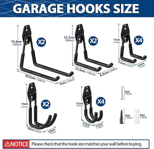 3-H Garage Wall Hooks 14 Pack, Garage Hooks Heavy Duty with Extra Welding Spots, Wall Mount Storage Organizer for Hanging Garden Lawn Tools, Ladder, WeedEater, Chair, Shovel, Blower (Black)