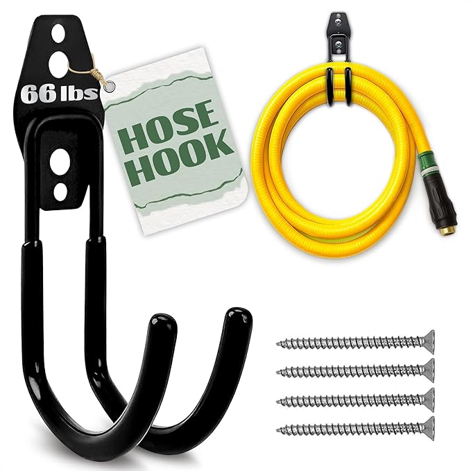 Garden Hose Hook for Outside with Heavy-Duty Steel Construction - Anti-Slip Coating, Holds Up to 66 lbs of Hoses, Cords, and Tools - Hose Hanger Wall Mount for Yard, Garage, Pool Deck, or Fence Post
