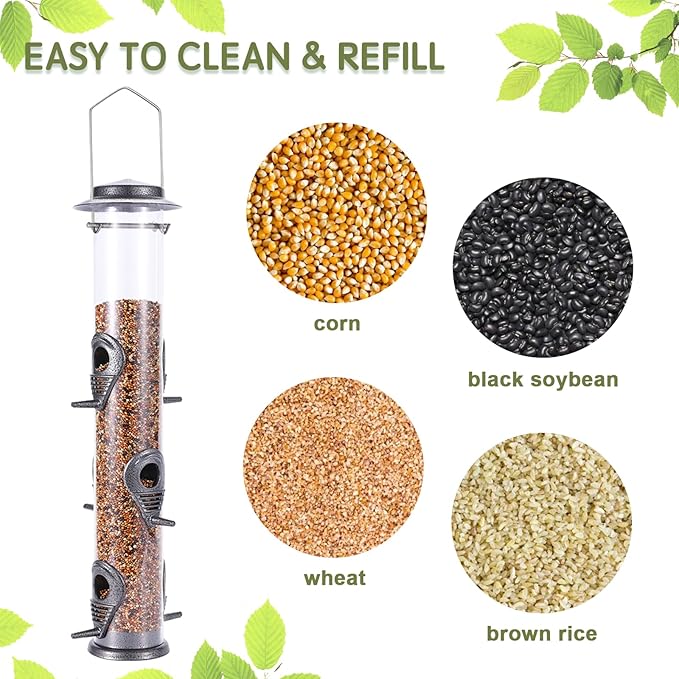Metal Bird Feeder Tube Hanging Wild Bird Seed Feeder Aluminum Six Port Bird Feeders,1.4 mm Extra Thick Solid Tube Transparent with Steel Hanger Great for Attracting Birds (Grey 2PK)