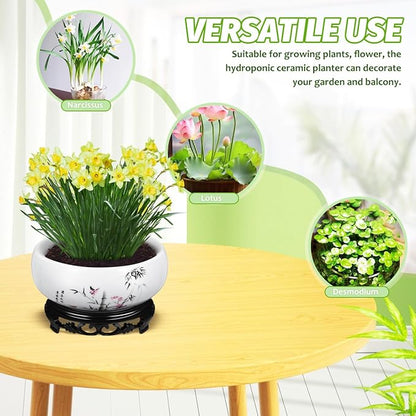 DOITOOL Lotus Bowl Planter, 6.9 Inch Water Lily Bowl Chinese Style Ceramic Lotus Planter, Bonsai Flower Water Lily Pot Hydroponic Pot with Plastic Base