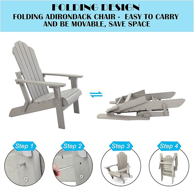 hOmeHua Folding Adirondack Chair, HIPS Foldable Adirondack Chairs Weather Resistant, Plastic Outdoor Chair for Patio, Backyard Deck, Fire Pit Lawn Porch (Grey)