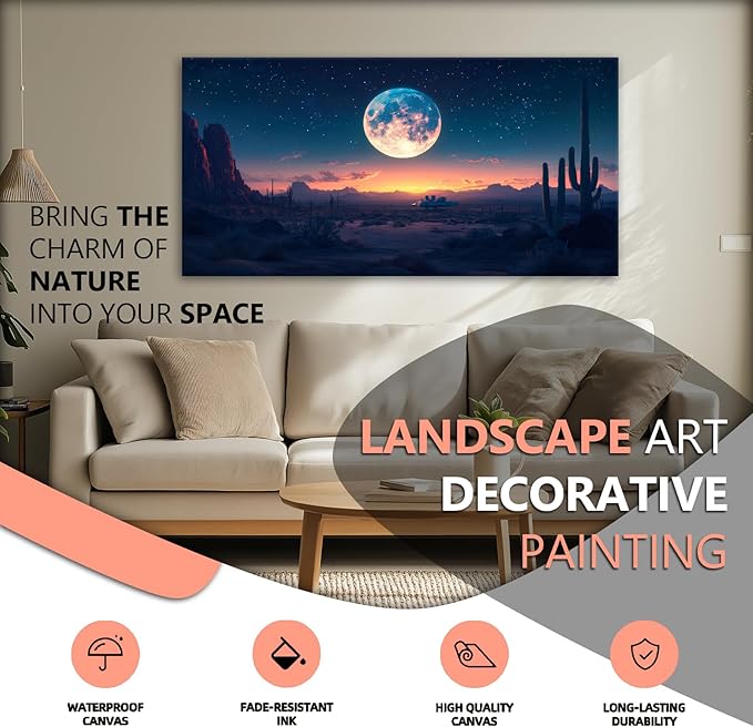 JLXART Moon Desert Night Western Wall Decor Boho Cactus Canvas Prints Nature Paintings Modern Mountain Poster Pictures For Living Room 20X40inch