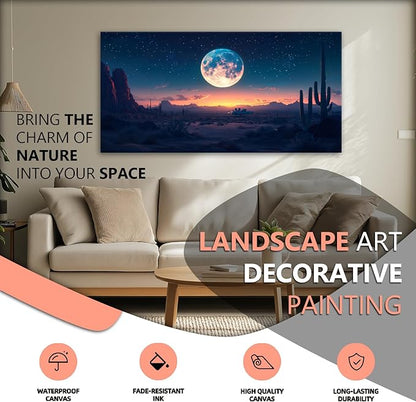 JLXART Moon Desert Night Western Wall Decor Boho Cactus Canvas Prints Nature Paintings Modern Mountain Poster Pictures For Living Room 20X40inch