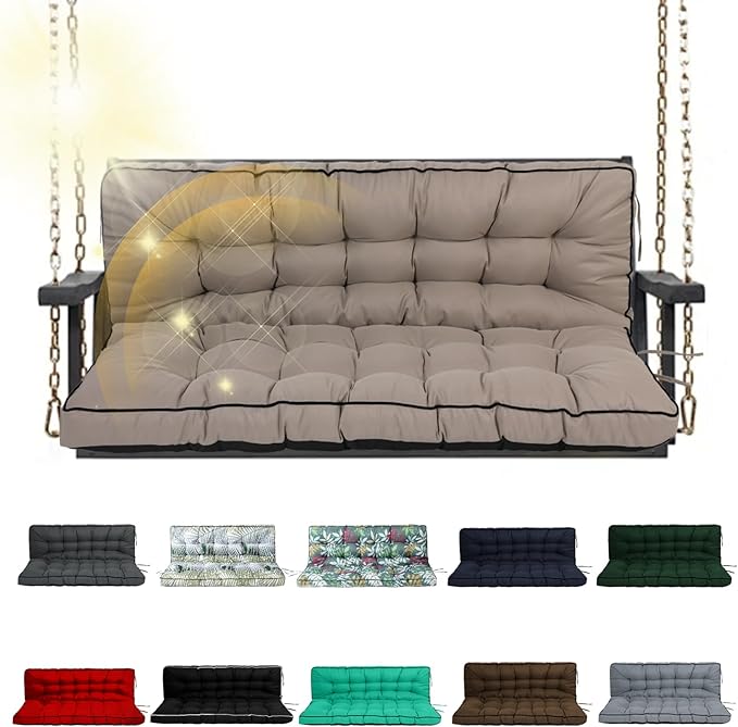 Porch Swing Cushion Three Seat, Waterproof Swing Cushions Replacement with Backrest, Outdoor Garden Furniture Patio 4" Thickened Cushions with Ties (Khaki, 40 x 71in)