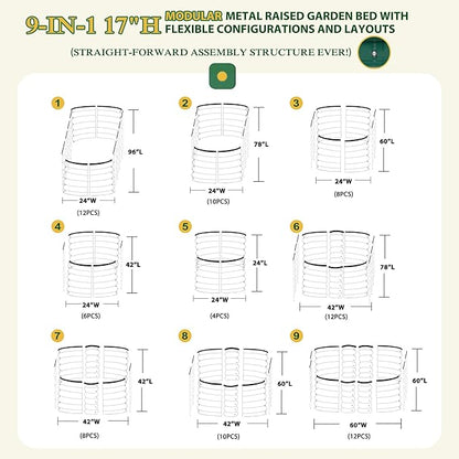 MUPATER 17" H Galvanized Raised Garden Bed, 8x2FT Raised Garden Bed Outdoor for Vegetables, Raised Garden Bed Kit, 9-in-1 Metal Planter Boxes Outdoor for Plants Flowers, Green