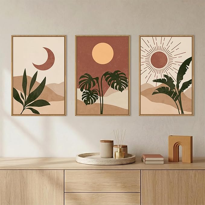 KAIRNE Vintage Sun and Moon Framed Canvas Wall Art Set,Boho Desert Botanical Wall Decor,Abstract Green Terracotta Art Prints,Retro Minimalist Artwork for Living Room,Bedroom,Farmhouse,Office-24"x36"x3