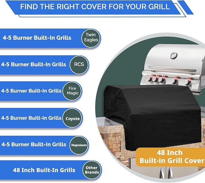 Covers & All Built-in Grill Cover for Outdoor Grill – Heavy Duty 12 oz Waterproof Built-in BBQ Grill Cover, PVC-Coated Polyester with Elastic Hem for Snug Fit (48 x 27 x 26 inches, Black)