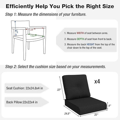 Joyside Outdoor Chair Cushions Set, 22x25/22x24 Inch Patio Furniture Deep Seat Cushions, Water Resistant & Thick Cushion, Outdoor Replacement Cushions for Seat and Sofa (Black, 4 Set)