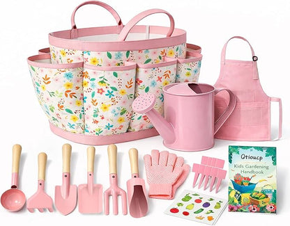 Qtioucp Kids Gardening Set 14Pcs Garden Tools with Tote Bag,Watering Can, Shovel, Apron, Garden Book and More Educational STEM Learning Outdoor for Toddlers Boys Girls (Floral)