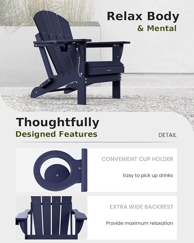 MUCHENGHY Folding Adirondack Chairs, Patio Chairs, Lawn Chairs, Outdoor Chair, Adirondack Chair Plastic, Fire Pit, Weather Resistant with Cup Holder for Deck, Backyard, Garden(Dark Navy Blue)
