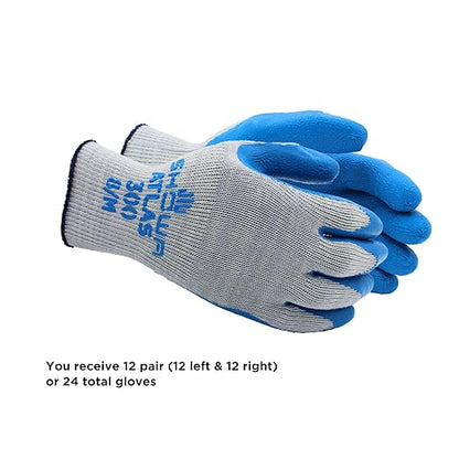 SHOWA Atlas 300 Original 1994 Crinkle Grip Work Gloves, Natural Latex Palm, Heavy Duty 10-Gauge for Construction, Landscaping, Gardening, & Masonry, Blue, Large, 12-Pair