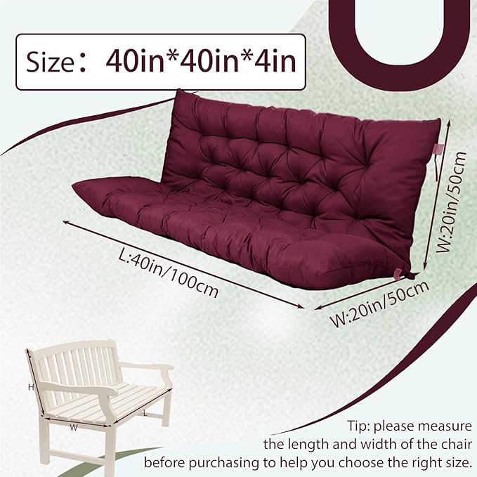 2/3 Seater Swing Replacement Cushion, Waterproof Porch Swing Cushions with Backrest, Thickened Bench Cushions for Outdoor Furniture, for Outdoor Patio Swing (Claret Red, 40 * 40 in)