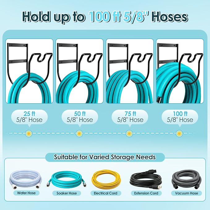 Hose Hanger Wall Mount, Metal Garden Hose Holder with Nozzle Groove for Outside Inside Water Hoses Extension Cords Air Lines, Black, 2 Pcs