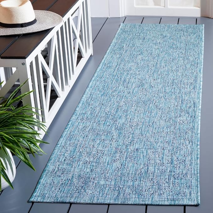 SAFAVIEH Washable Rug Outdoor Courtyard Collection - 2'3" x 8' Runner, Aqua Blue & Navy, Non-Shedding & Easy Cleaning, Ideal for Patio, Entryway, Mudroom, Hallway, Kitchen (CY8680-39412)