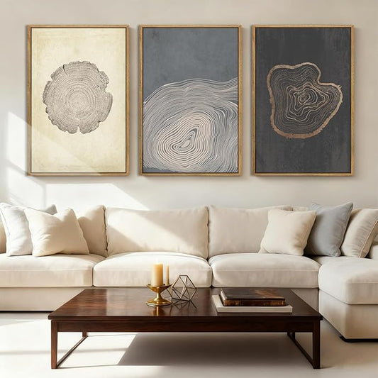 Anyzal Extra Large Neutral Tree Ring Framed Wall Art 24x36 Inch Modern Wood Ring Canvas Wall Decor Modern Minimalist Wood Artwork Set of 3 for Living Room Bedroom Dining Room