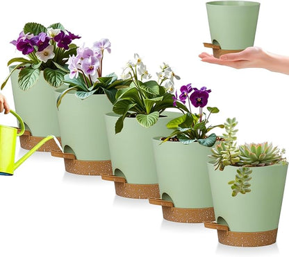 5 Pack 5 Inch African Violet Pots Self Watering, Self-Watering Planters with Drainage Holes & Reservoir, Green Brown Plastic Pots for Indoor Outdoor Plants, Succulents & Flowers