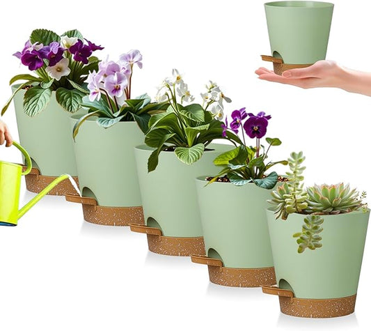5 Pack 5 Inch African Violet Pots Self Watering, Self-Watering Planters with Drainage Holes & Reservoir, Green Brown Plastic Pots for Indoor Outdoor Plants, Succulents & Flowers