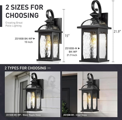 zeyu 15 Inch Outdoor Wall Lights Exterior, Outdoor Patio Light Fixture for Garden Porch, Die-Cast Aluminum with Water Ripple Glass, Black Finish, ZD100B BK-WP