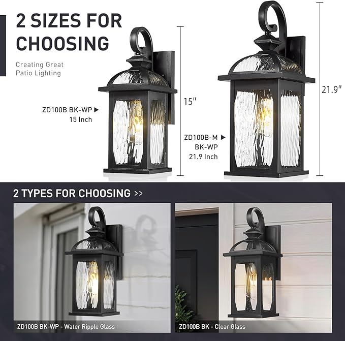 zeyu Large Outdoor Wall Fixture Lights, 22 Inch Exterior Porch Wall Lantern for Patio Porch, Die-Cast Aluminum with Water Ripple Glass, Black Finish, ZD100B-M BK-WP