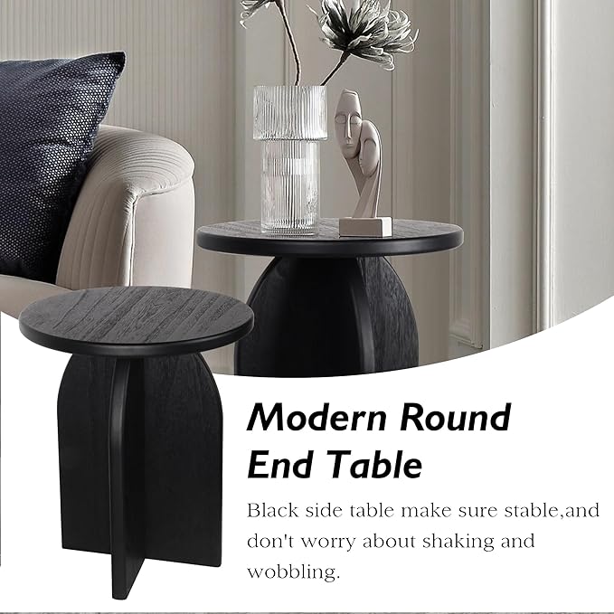 Oakrain End Table with Pedestal, Wood Side Table Bedside Sofa Couch, Modern Nightstand for Bedroom, Small Round Coffee Table for Living Room Office Balcony, Black