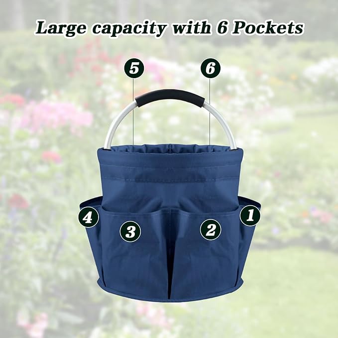 Garden Tool Bag with Pockets, 17L Large Waterproof Oxford Gardening Tote, Non-Slip Rubber Grip Handles, Durable Organizer for Garden Supplies (Blue)