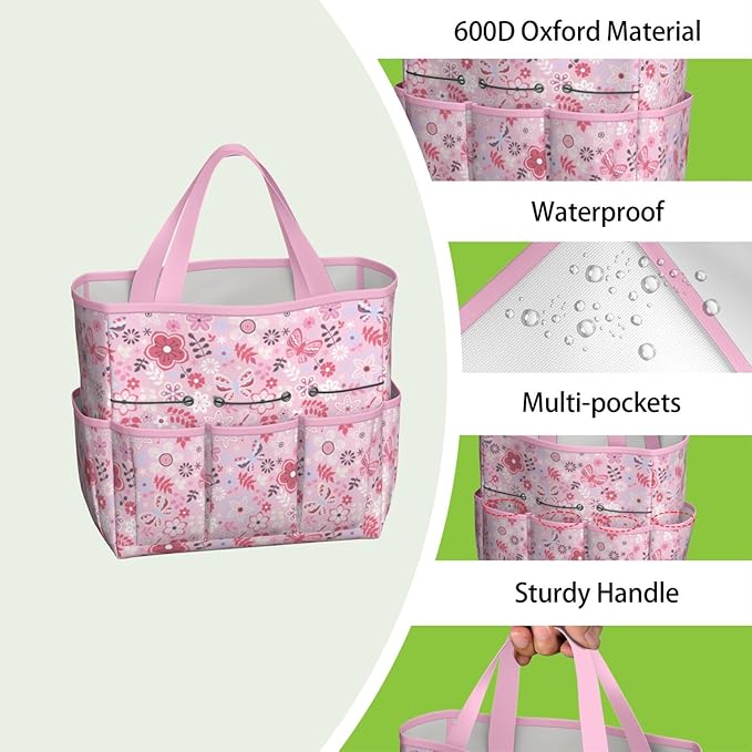 Floral Garden Tool Bag - Waterproof Garden Tote with 8 Pockets, Large Storage Home Organizer Gardening Tool Oxford Bag for Garden Tools Kits Holder, Ideal Outdoor Gardening Gift for Women & Men