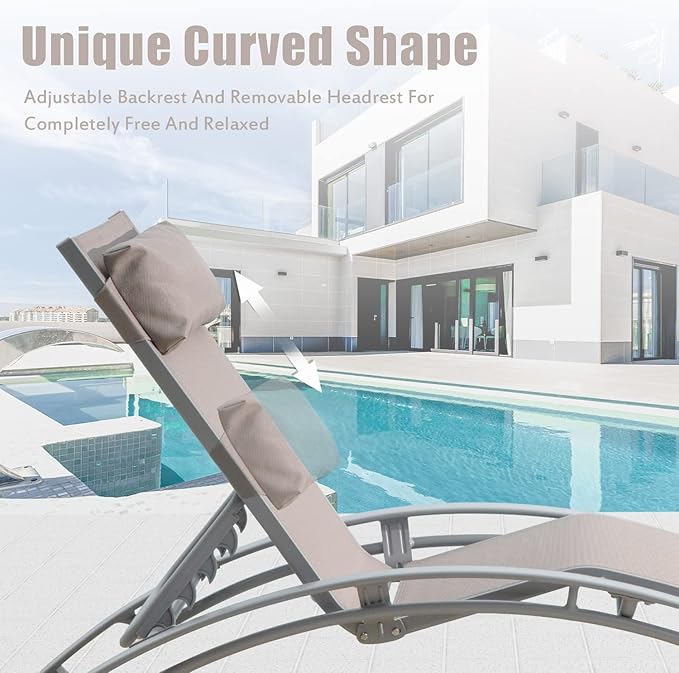 Domi Outdoor Chaise Lounge Set of 3 Patio Recliner Chairs with Adjustable Backrest and Removable Pillow for Indoor&Outdoor Beach Pool Sunbathing Lawn Khaki