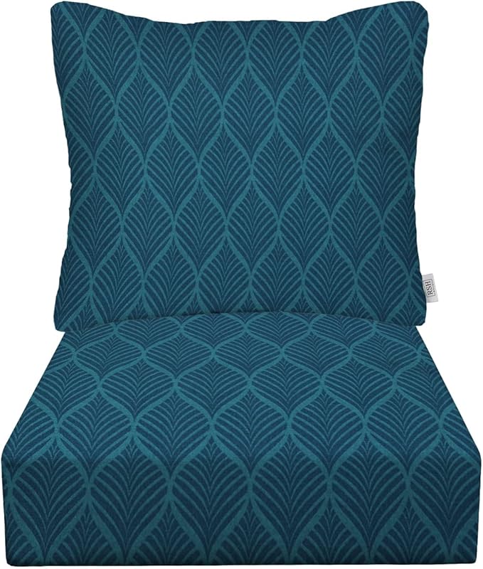 RSH DECOR Deep Seating Cushion with Pillow Back | 22” x 25” Seat | Water and Fade-Resistant Spun Fabric | Outdoor Chair Cushion Set for Patio Furniture | Fenbrook Blue