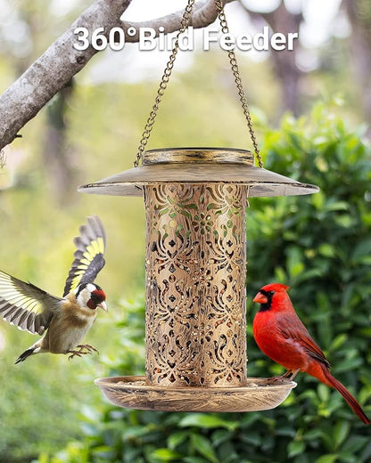 SWEETFULL Solar Bird Feeder for Outdoors Hanging, Metal Wild Bird Feeder for Cardinals Solar Garden Lantern with S Hook as Gift Ideas for Bird Lovers (2LBs Heavy Duty Weather Resistance birdfeeders)