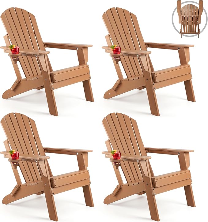 FUNBERRY Folding Adirondack Chair Set of 4, All Weather HDPE Fire Pit Chairs with Cup Holder for Outdoor