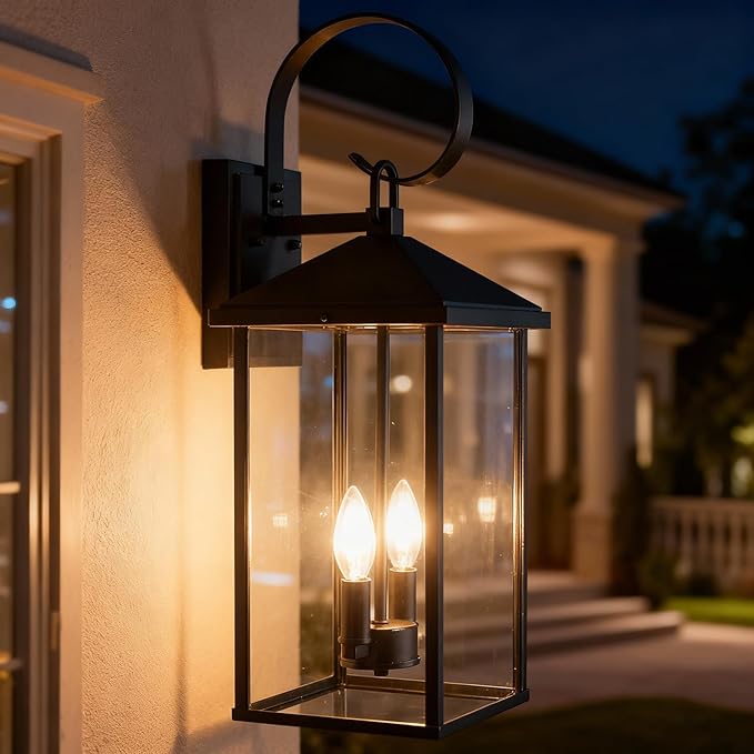 Large Outdoor Wall Lights Fixtures Wall Mount, 21.65" Large Outdoor Lanterns for Porch Light Fixture 2-Light, Modern Exterior Lighting Fixtures with Clear Glass for Outside Patio House