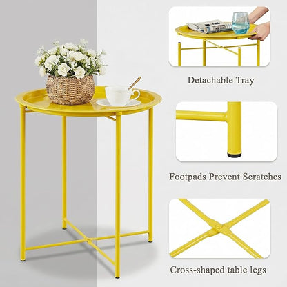VECELO Side/End Table, Folding Round Metal Anti-Rust and Waterproof Outdoor or Indoor Tray for Living Room Bedroom Balcony and Office, 1 PCS,Yellow