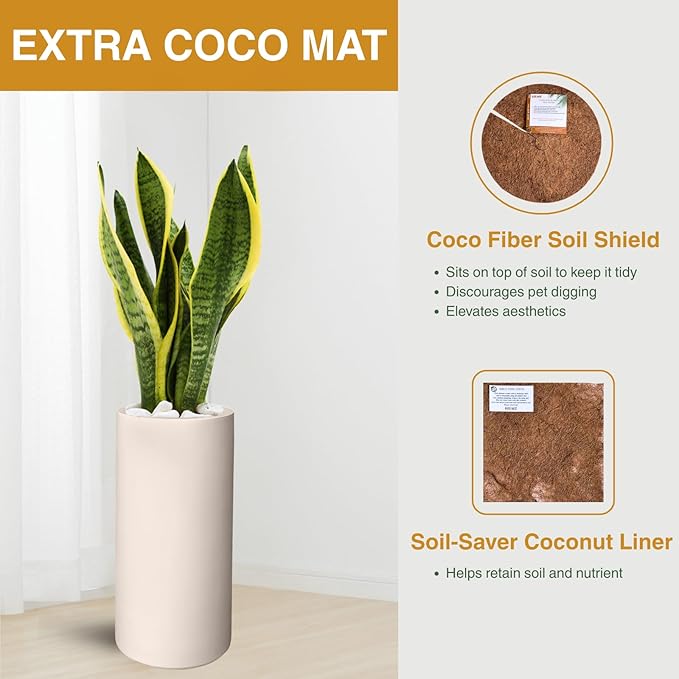 19.5" H x 9.8" D Tubo Fiberstone Cylinder Tall Planter with Drainage Hole, Smooth Finishes, Weather Resistant, Included 2 Extra Coco Mats (Kilim Beige, 8.2" Pot Opening)